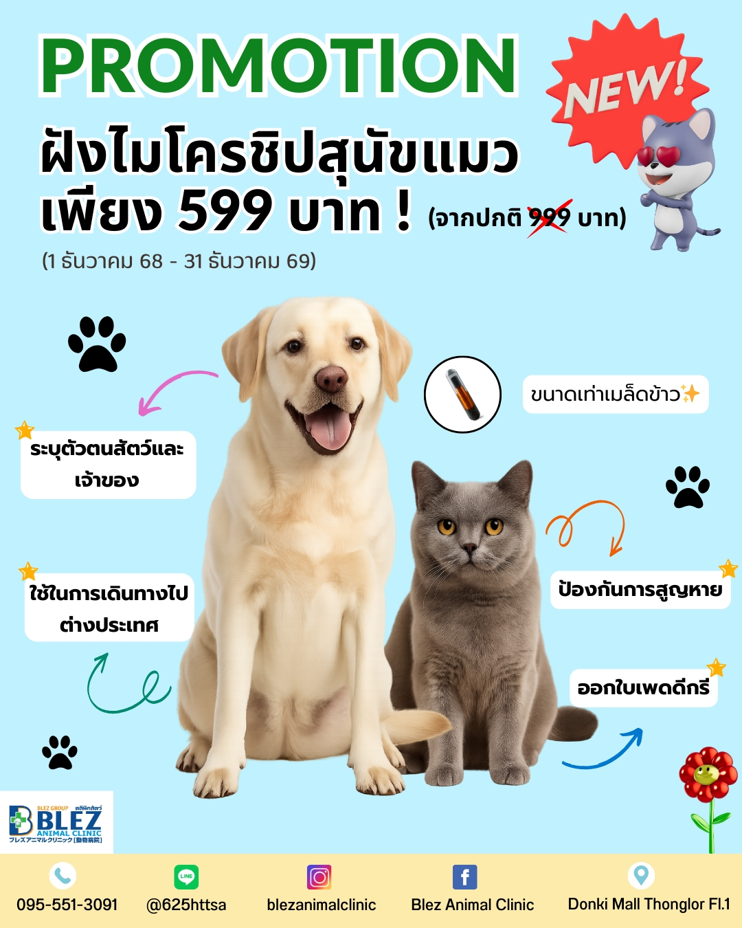 โปรโมชันฝังไมโครชิปสุนัขและแมว 599 บาท (1 ธ.ค. 2025–31 ธ.ค. 2026)